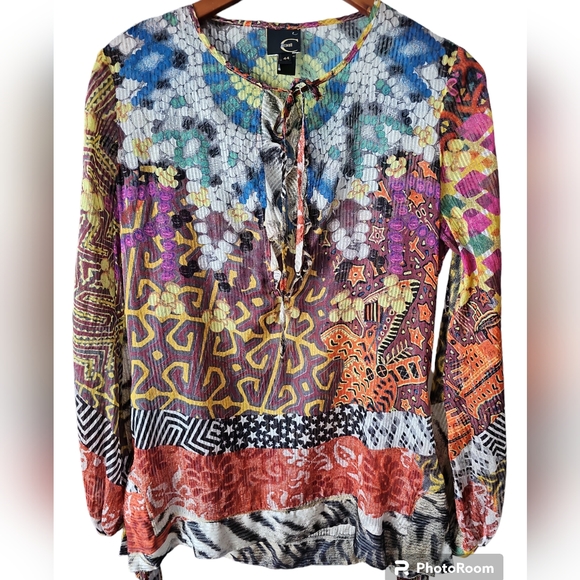 Just Cavalli‎ Womens Ruffle Tie Neckline Sheer Printed Peasant Blouse Size 44 - Picture 1 of 7